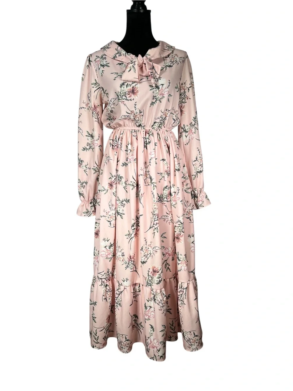 Pink Floral Tie-Front Dress Long-Sleeve Midi Ruffle Cottagecore Modest Coquette
